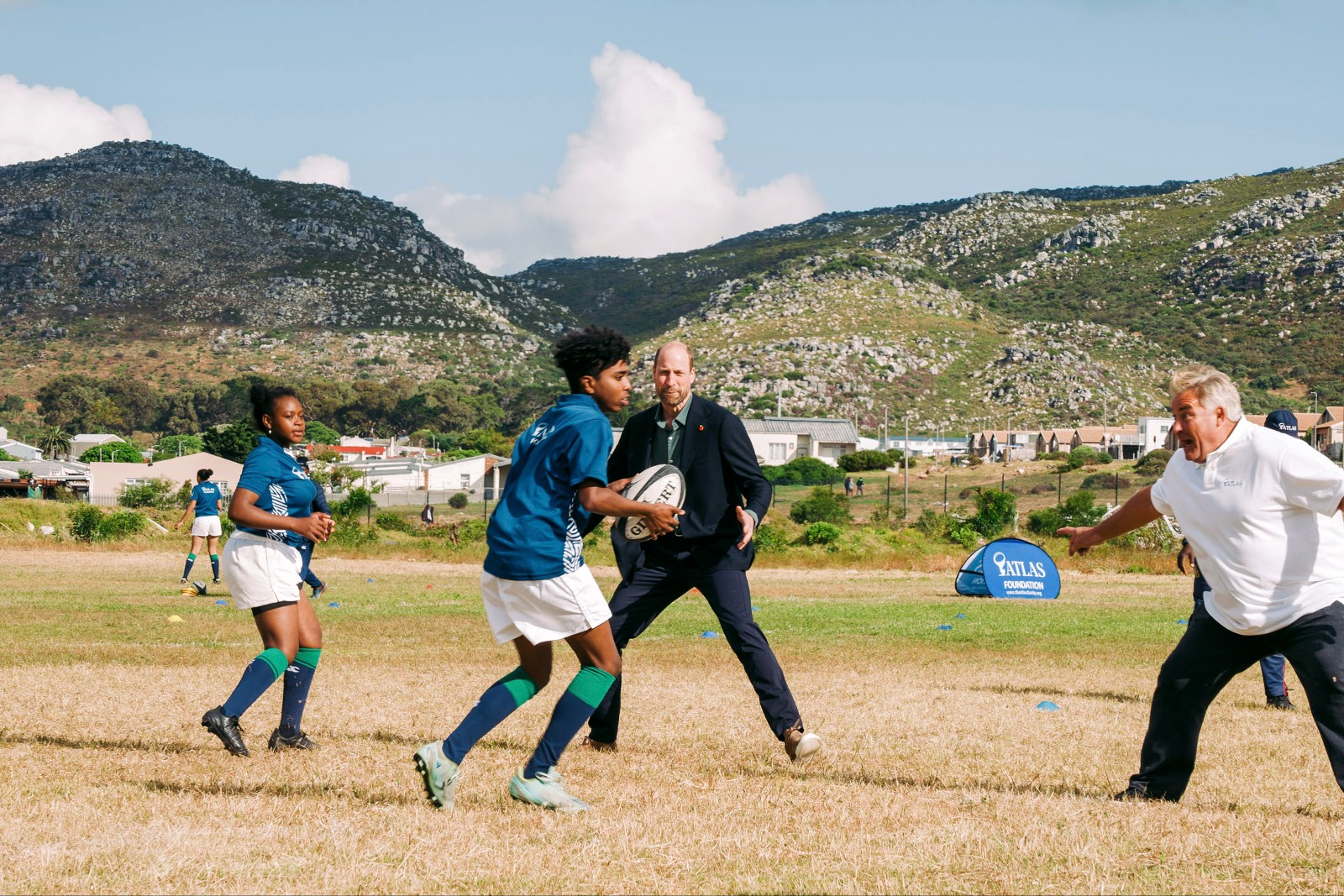 Prince William joins a rugby coaching session with school children and former England player Jason Leonard at Ocean View Secondary School in Cape Town, South Africa, November 4, 2024.